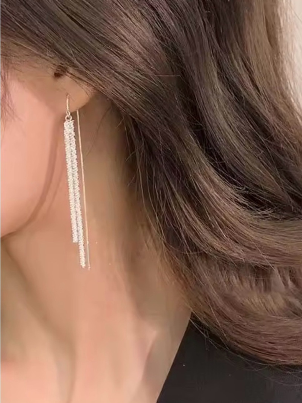 Silver Rhinestone Long Tassel Dangle Earrings Sparkly Statement Bridal Jewelry